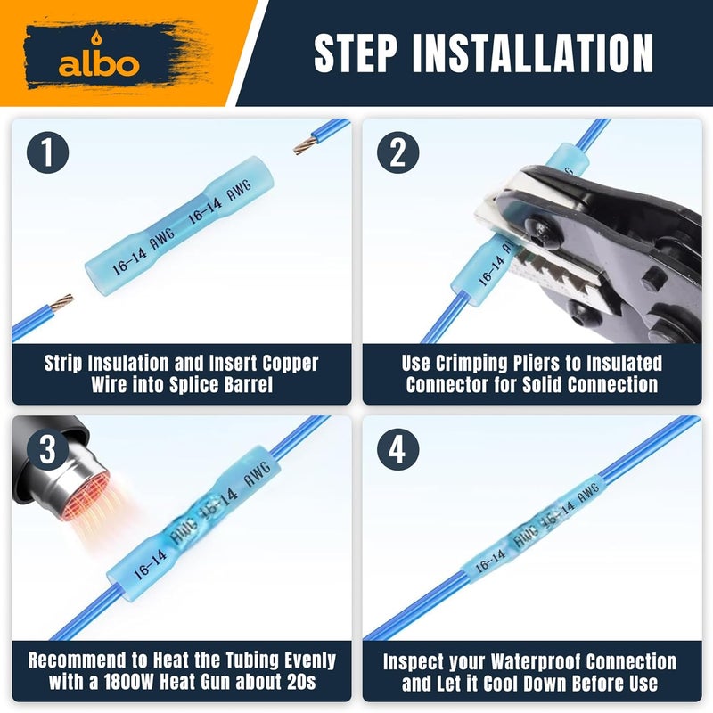 ALBO Set 600 PCS 26-10 AWG Mixing Heat Shrink Butt Connectors - Tinned Copper - Marine Grade Insulated Crimp Wire Connectors - Waterproof Electrical Connectors - Butt Splice for Auto, Marine, Stereo - Image 3